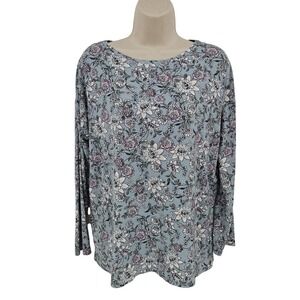 J Jill Shirt Women M Petite Blue Floral Soft Knit Tunic Top Cottagecore Casual
